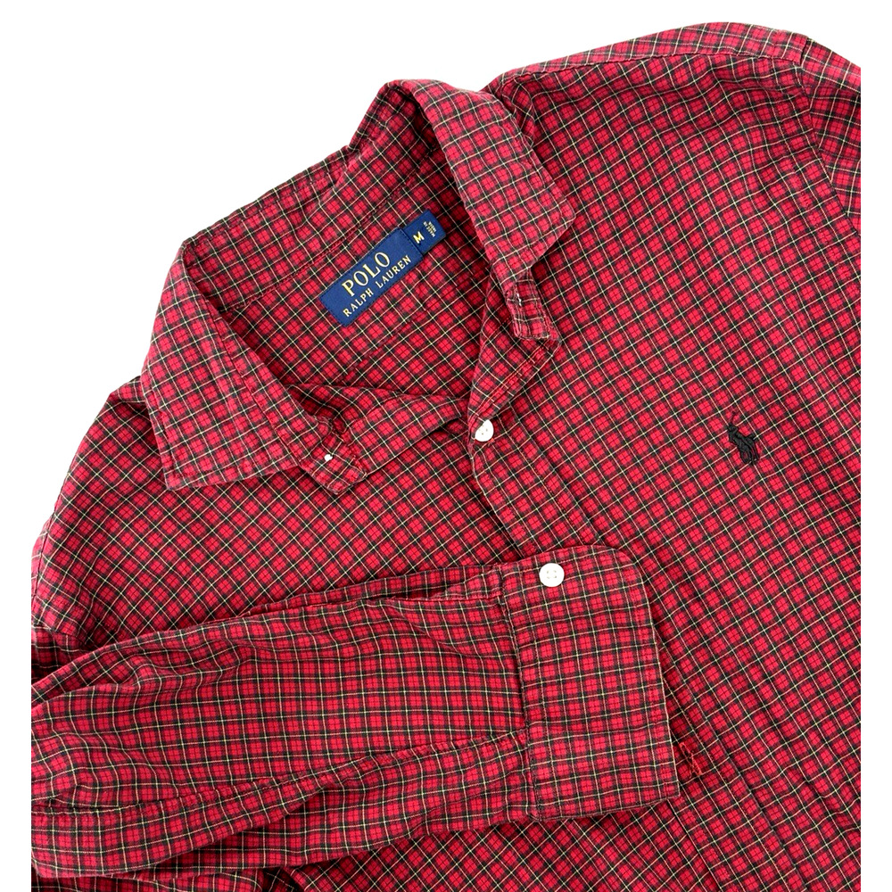 Polo Ralph Lauren Mens Medium Red/Black Plaid 100% Cotton Dress Shirt Black Pony